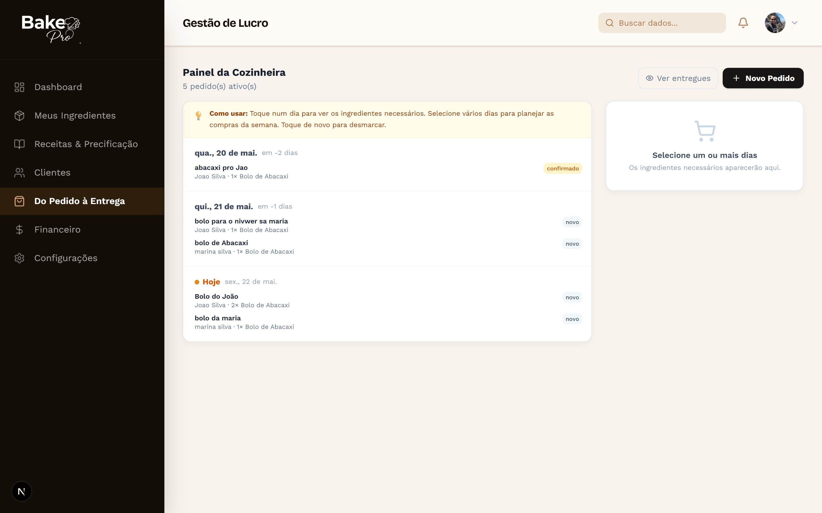 Pedidos e encomendas organizados